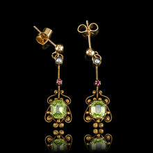 Load image into Gallery viewer, Antique Peridot Ruby and Pearl Earrings 18k Gold Cannetille Suffragette Design
