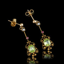 Load image into Gallery viewer, Antique Peridot Ruby and Pearl Earrings 18k Gold Cannetille Suffragette Design
