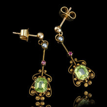 Load image into Gallery viewer, Antique Peridot Ruby and Pearl Earrings 18k Gold Cannetille Suffragette Design
