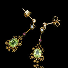 Load image into Gallery viewer, Antique Peridot Ruby and Pearl Earrings 18k Gold Cannetille Suffragette Design
