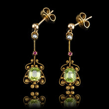 Load image into Gallery viewer, Antique Peridot Ruby and Pearl Earrings 18k Gold Cannetille Suffragette Design
