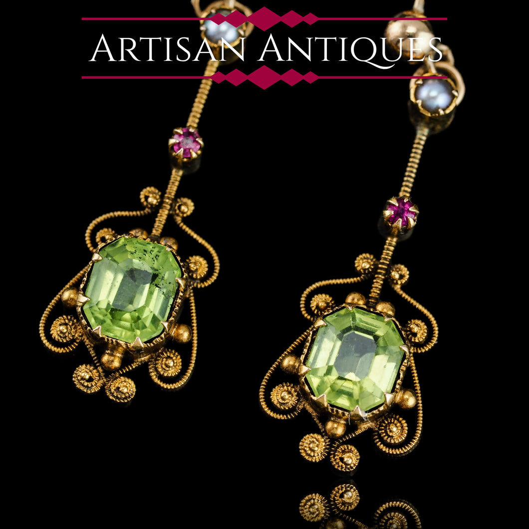 Antique Peridot Ruby and Pearl Earrings 18k Gold Cannetille Suffragette Design