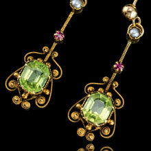 Load image into Gallery viewer, Antique Peridot Ruby and Pearl Earrings 18k Gold Cannetille Suffragette Design
