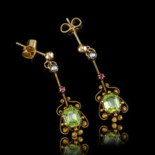 Load image into Gallery viewer, Antique Peridot Ruby and Pearl Earrings 18k Gold Cannetille Suffragette Design
