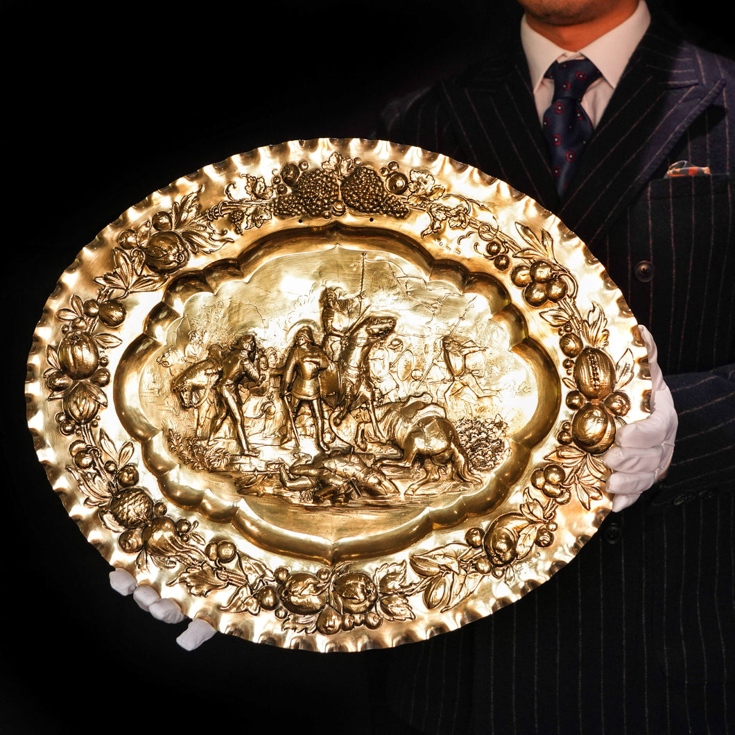 Antique Solid Silver Gilt Charger Sideboard Dish (50cm) with Figural Battle Scene - 19th Century