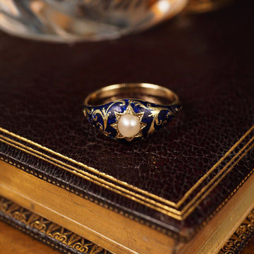 A Fabulous Antique Victorian 18K Gold Enamel & Pearl Ring with