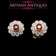 Load image into Gallery viewer, A Pair of Ruby &amp; Diamond 18K Earrings Flower Cluster Design
