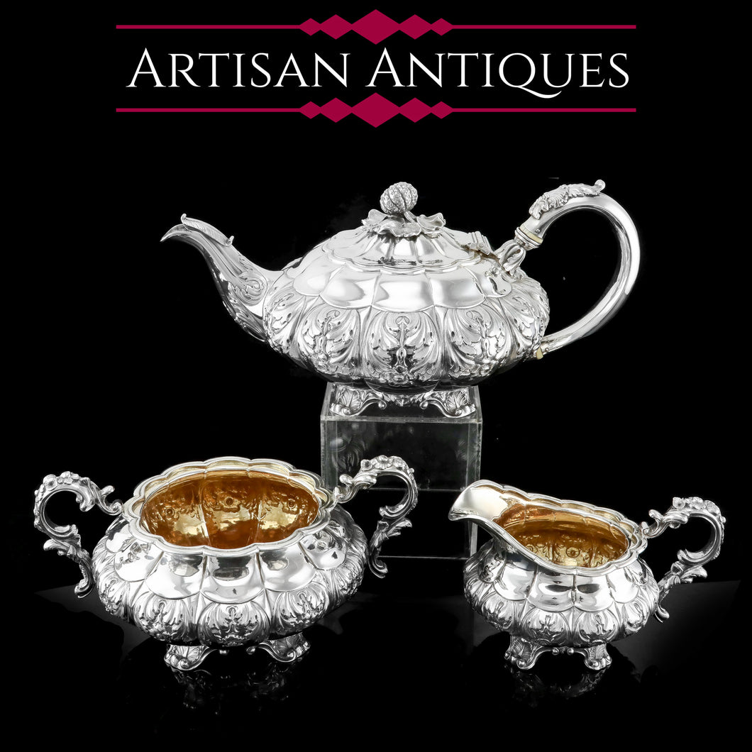Antique Solid Silver Georgian Tea Set, 'Melon Shaped' with Floral Chasing - Robert Hennell 1826